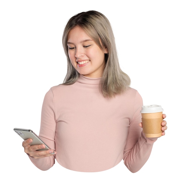 Png kobieta używająca naklejki telefonicznej na przezroczystym tle