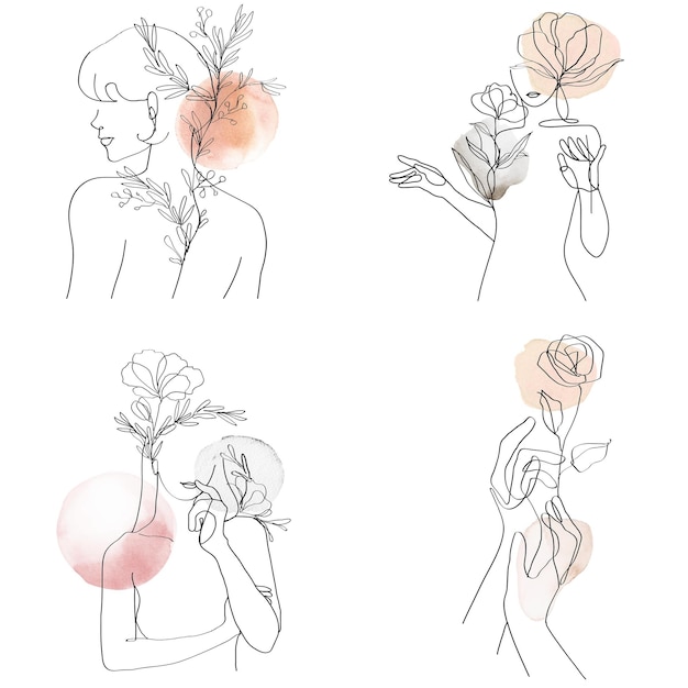 Png kwiatowa kobieta abstrakcyjny line art pastelowy zestaw ilustracji