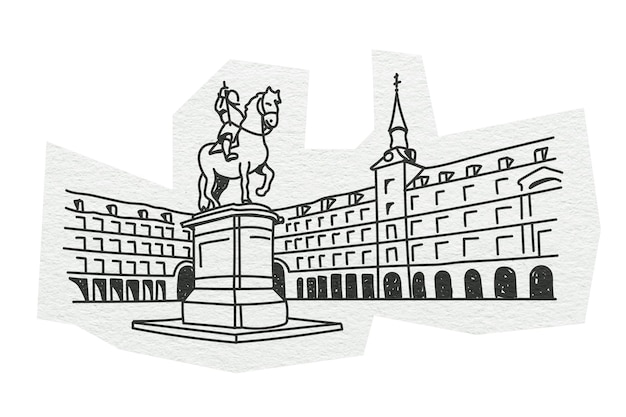 PNG Plaza Mayor słynna lokalizacja w Hiszpanii line art ilustracja przezroczyste tło