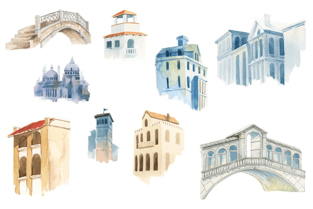 Png vintage europejska architektura kolekcja ilustracji akwarelowych