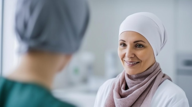 Po chemioterapii pacjent chory na raka odwiedza lekarza szpitalnego, mając na sobie szalik. Generatywna sztuczna inteligencja