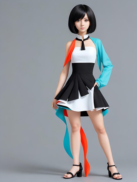 Pobierz realistyczną dziewczynę z anime w kolorowych minimalistycznych sukniach