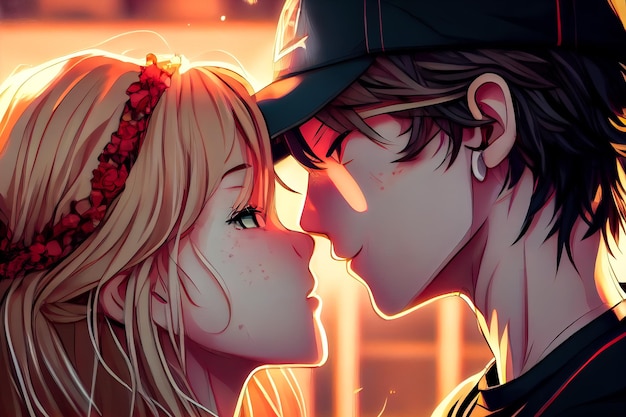 Pocałunek pary anime z bliska Generatywna sztuczna inteligencja