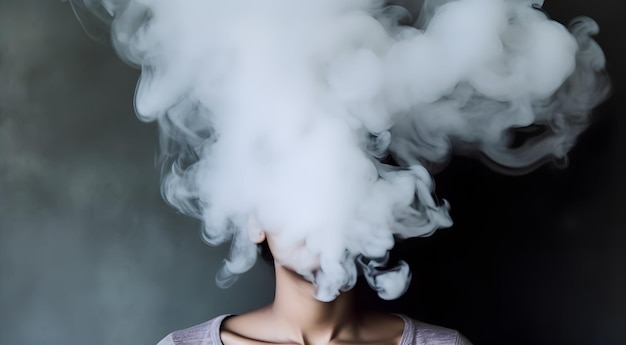 Zdjęcie pochmurny dym obejmujący twarz kobiety koncepcja ciężkiego palenia lub vaping