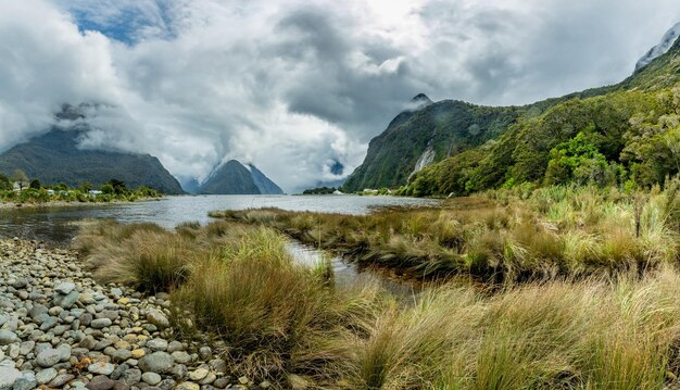 Pochmurny i deszczowy dzień w Milford Sound South Island Nowa Zelandia