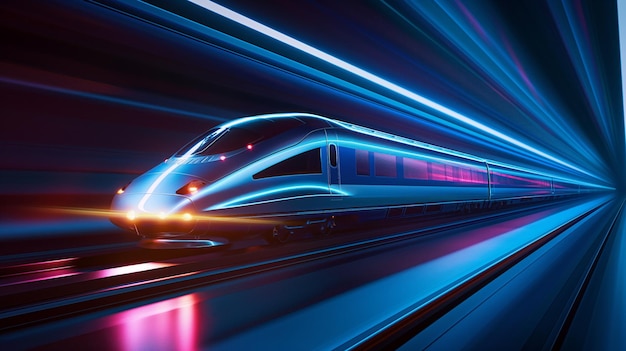 Zdjęcie pociąg dużych prędkości prędko przejeżdża przez tunel z jasnymi pasami światła. przyszłość technologii kolejowej