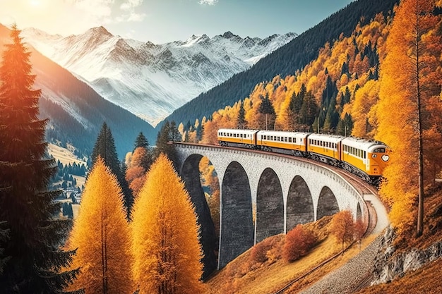 Pociąg jadący przez góry jesienią z kolorowymi liśćmi tworzącymi oszałamiające tło Generative AI