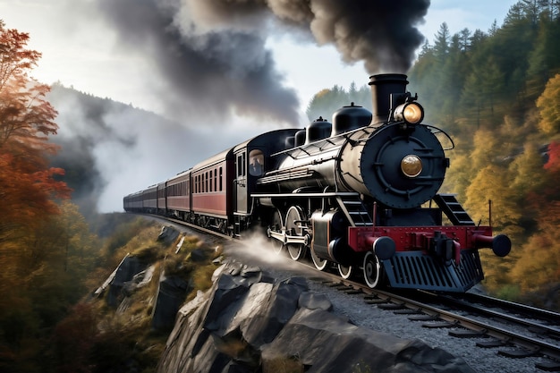 Pociąg jadący torami kolejowymi obok bujnego zielonego pola Dym z komina pociągu retro