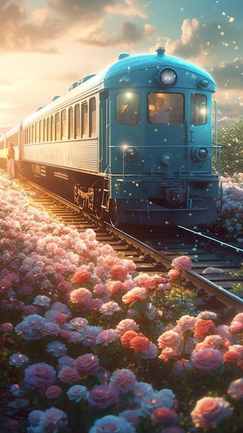 Pociąg jedzie przez pole kwiatów.