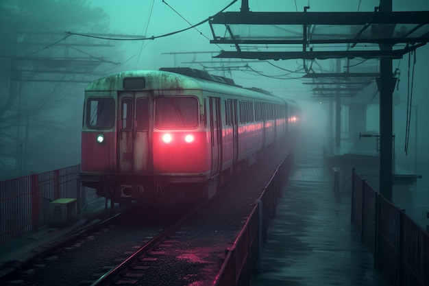 Pociąg jedzie w mglistą noc z włączonymi światłami.