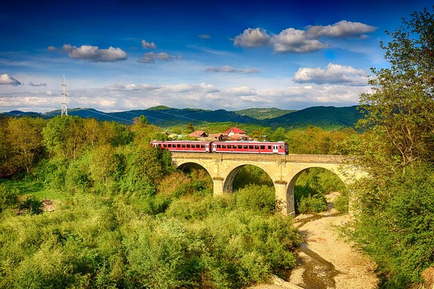 Zdjęcie pociąg na mostku przez góry na tle nieba