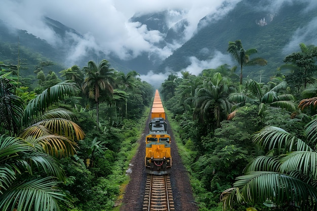 Zdjęcie pociąg podróżujący przez bujne zielone lasy