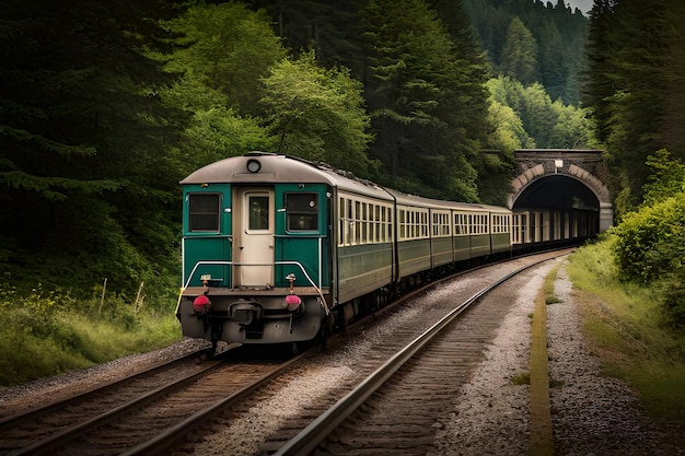 Pociąg przejeżdża przez tunel w lesie