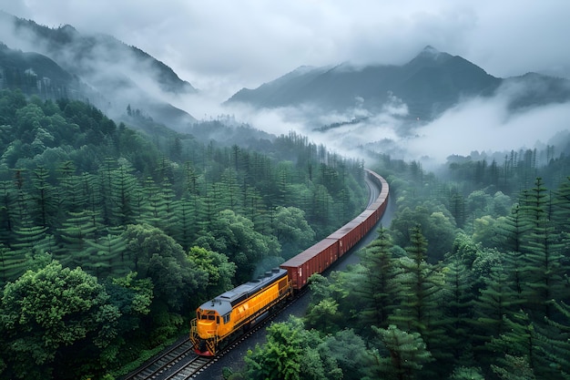 Pociąg przejeżdżający przez bujne, zielone lasy