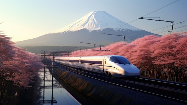 Pociąg Shinkansen lub Bullet przejeżdża przez górę Fuji i Shibazakura wiosną Shinkansen w Japonii Generetive Ai