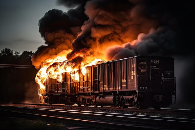 Pociąg towarowy zapalił się, powodując znaczne uszkodzenia ładunku i stwarzając potencjalne zagrożenie dla pobliskich społeczności z powodu potencjalnego uwolnienia niebezpiecznych materiałów Generacyjna sztuczna inteligencja