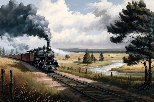 Zdjęcie pociąg turlający się po torach z widokiem na malowniczy wiejski krajobraz