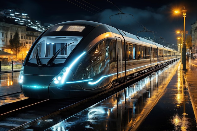 Pociąg wysokiej prędkości w ruchu na stacji kolejowej o zachodzie słońca Szybko poruszający się nowoczesny pociąg pasażerski na peronie kolejowym Kolej z efektem rozmycia ruchu Transport komercyjny