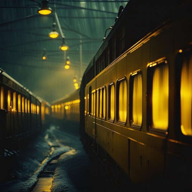 Zdjęcie pociąg z włączonymi światłami w tle