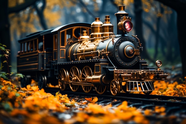 Zdjęcie pociąg z zabawkami jest na torach jesienią, pozostawia generatywną sztuczną inteligencję