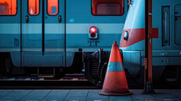 Zdjęcie pociąg znajduje się na zewnątrz pomarańczowego stożka w stylu wysokiej jakości lazurowej i srebrnej lampy fotograficznej