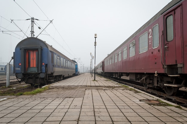 Zdjęcie pociągi czekają na stacji kolejowej. mglisty dzień