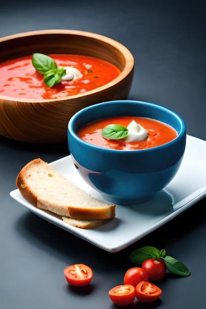 Pocieszająca miska kremowej zupy pomidorowej ze świeżych pomidorów z aromatyczną bazylią