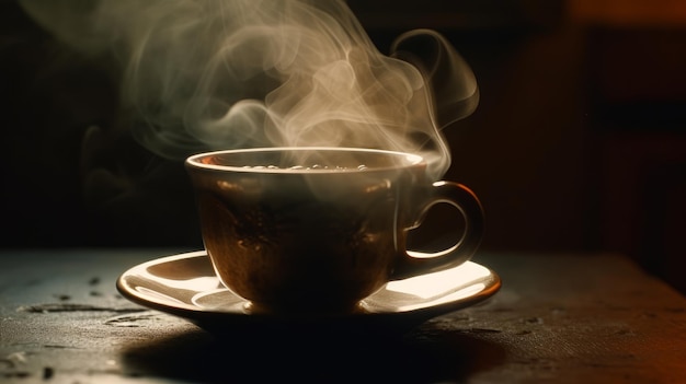 Pocieszający aromat parującej filiżanki kawy generowany przez sztuczną inteligencję