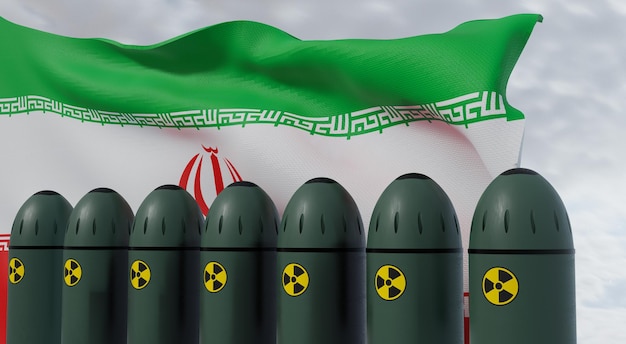 Pociski nuklearne i flaga Iranu w tle Pociski z głowicami są gotowe do wystrzelenia Obrona przeciwrakietowa Jądrowa broń chemiczna promieniowanie Broń masowego rażenia Praca 3D