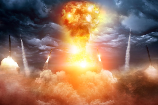 Początek Wojny Nuklearnej Rakiety Balistyczne Na Ciemnym Niebie