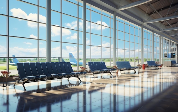 poczekalnia na lotnisku, duże siedzenia z oknami i generatywna sztuczna inteligencja lotniska