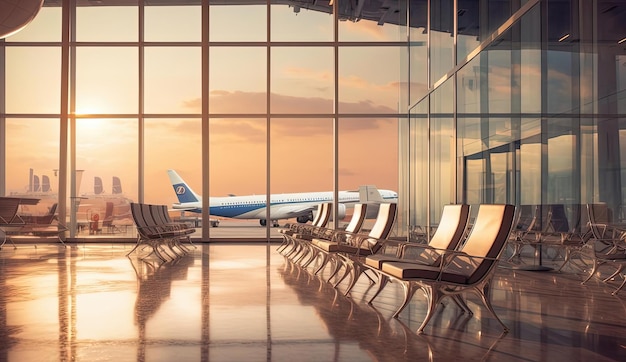 poczekalnia na lotnisku z białymi krzesłami i samolotami w oddali