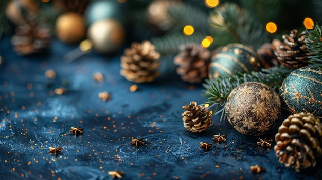 Poczta z Wesołych Świąt i Wesołego Nowego Roku Koncepcja dekoracji bożonarodzeniowych na ciemno niebieskim tle