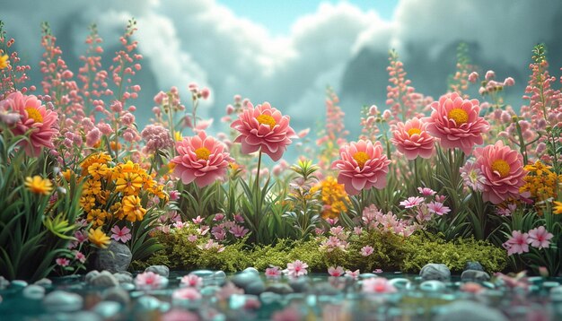 pocztówka 3D uchwycająca esencję wiosny z kwitnącymi kwiatami pocztówka 3D uchwycająca esse