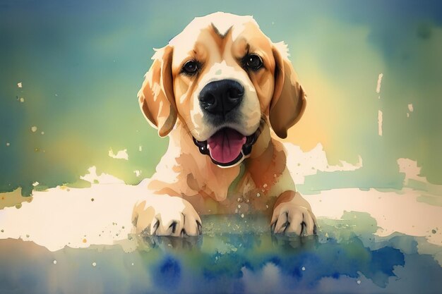 Pocztówka w kolorze wodnym z psem retrieverem kąpiącym się w kąpieli bąbelkowej Generative AI