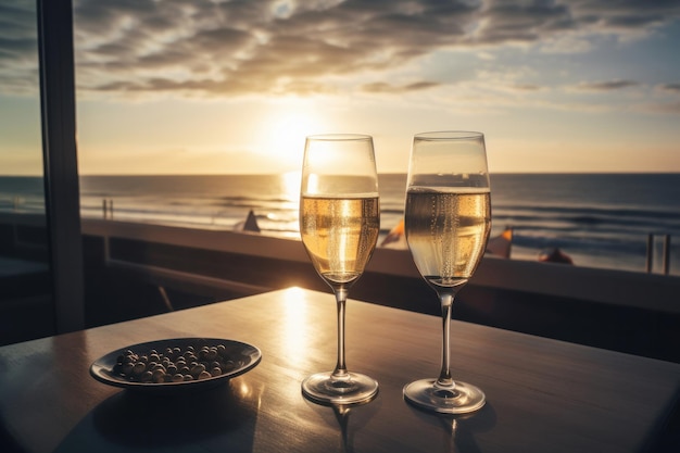 Poczuj luksus i elegancję dzięki musującym kieliszkom do szampana podczas złotego wieczoru o zachodzie słońca AI Generative