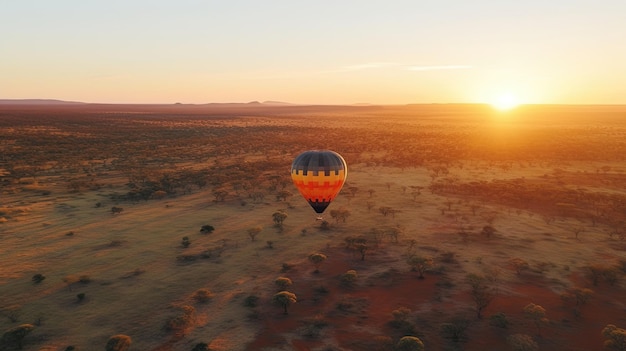 Zdjęcie poczuj magię lotu balonem nad oszałamiającym australijskim krajobrazem, unosząc się nad zielonymi dolinami wijącymi się rzekami wygenerowane przez ai