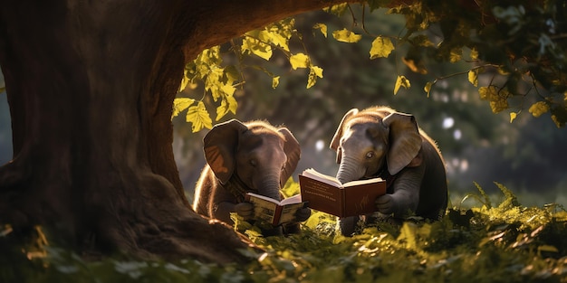 Pod drzewem w parku dwa młode słonie czytają książkę.