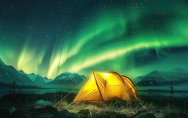 Pod hipnotyzującą aurorą północną świeci tętniący życiem namiot