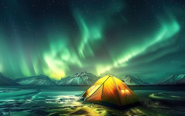 Pod hipnotyzującą aurorą północną świeci tętniący życiem namiot