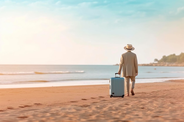 Pod koniec wakacji letnich mężczyzna niesie swoją walizkę przez piasek na plaży