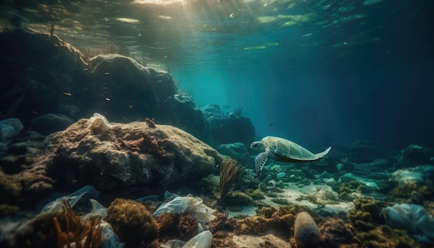 Pod oceanem zdjęcie ze śmieciami caretta caretta i rybami Koncepcja zanieczyszczenia środowiska