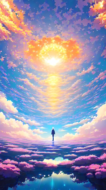 Pod słońcem i błękitnym niebem tło ilustracji anime