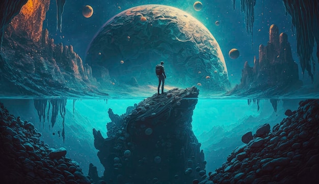 Pod wodą mężczyzna na szczycie góry patrzący na inną nową planetę Generuj Ai