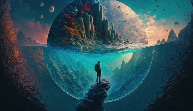 Pod wodą mężczyzna na szczycie góry patrzący na inną nową planetę Generuj Ai