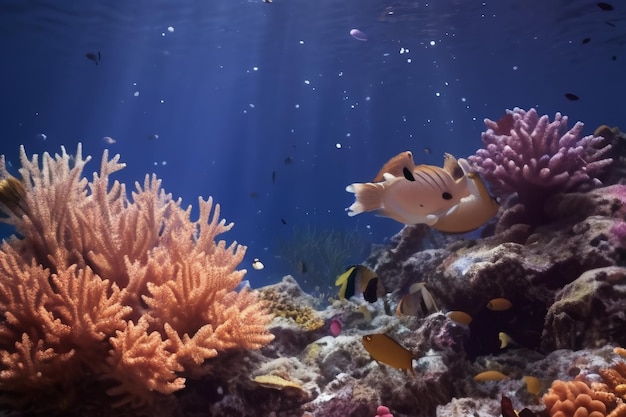 Pod wodą Podwodna panorama z rafami koralowymi i rybami Tło Scena podwodna tropikalne dno morskie z rafą i słońcem Generacyjna sztuczna inteligencja