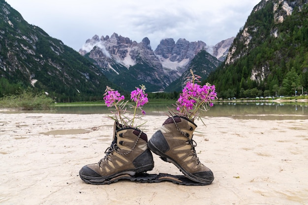 podarte buty turystyczne z kwiatami na tle błękitnego jeziora i górskich Dolomitów we Włoszech