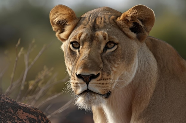 Podczas południowoafrykańskiego safari można zobaczyć młodą samicę lwa na rozległym skalistym zboczu