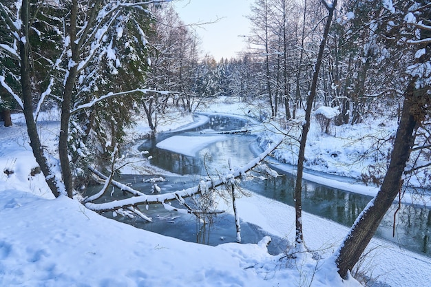 Podczas silnych mrozów rzeka wije się przez zaśnieżony las