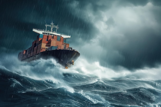 Podczas sztormu z udziałem dużych fal, kontenerowiec o silnym wietrze unosi się w oceanie, generując ai